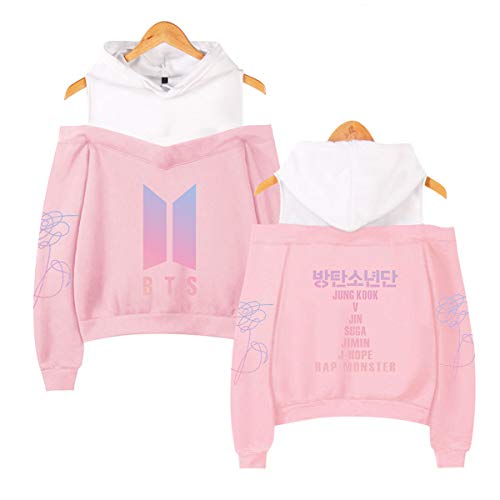 SIMYJOY Mujeres Korea Pop Fans Sudadera con Capucha sin Hombro Miembros de Korea Pop Jumper Girls Off Hombro KPOP Street Fashion Top Bonito Regalo para A.R.M.Y Pink XL