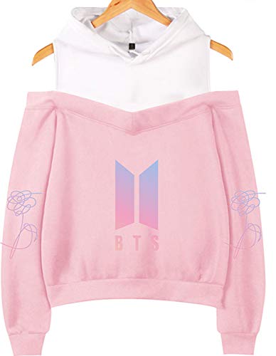 SIMYJOY Mujeres Korea Pop Fans Sudadera con Capucha sin Hombro Miembros de Korea Pop Jumper Girls Off Hombro KPOP Street Fashion Top Bonito Regalo para A.R.M.Y Pink XL