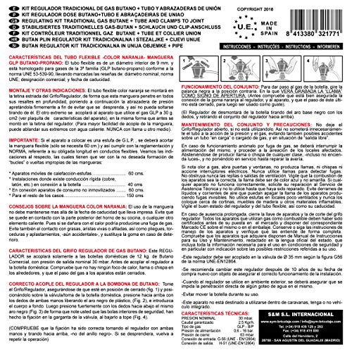 S&M 321771 Regulador de Gas Butano Goma M + 2 Abraz, Gris/Naranja, 1,5 Metros de Tubo