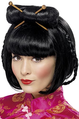 Smiffys 42218 - Peluca de dama oriental con palillos, Negro, Tamaño único