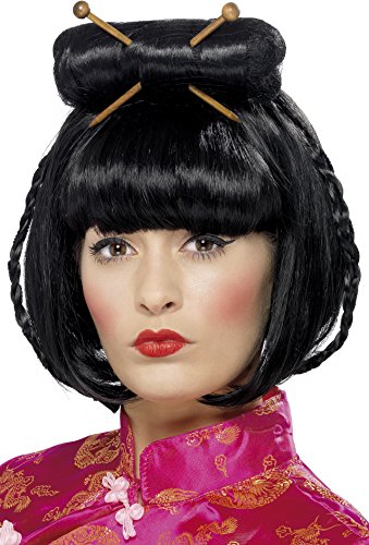 Smiffys 42218 - Peluca de dama oriental con palillos, Negro, Tamaño único