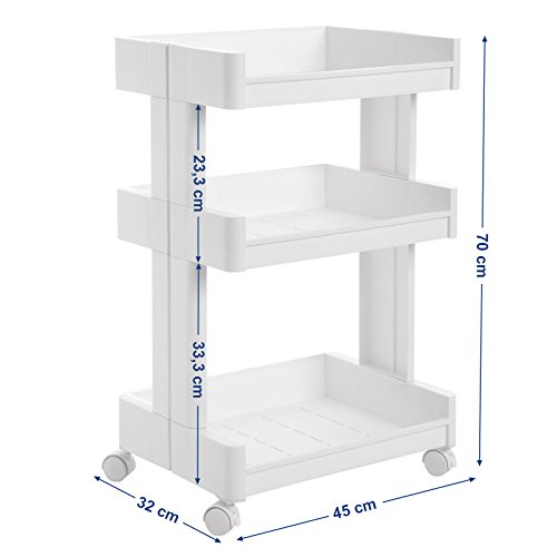 SONGMICS Carrito de Plástico con 3 Niveles, Estantería con Ruedas de PP, Organizador para Cocina y Baño, Estante de Almacenamiento, Blanco KSC01WT