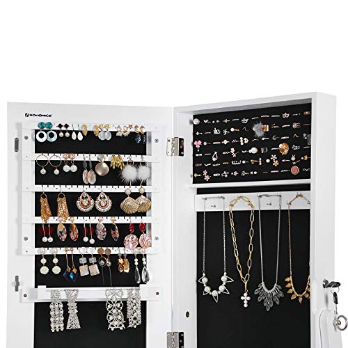 SONGMICS Gabinete de JoyerÍa, Armario con Espejo, Espejo de Pie, Espejo Largo Completo, Organizador de JoyerÍa con Cerradura, Ideal de Regalo, Blanco JJC69WT