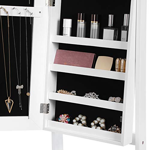 SONGMICS Gabinete de JoyerÍa, Armario con Espejo, Espejo de Pie, Espejo Largo Completo, Organizador de JoyerÍa con Cerradura, Ideal de Regalo, Blanco JJC69WT