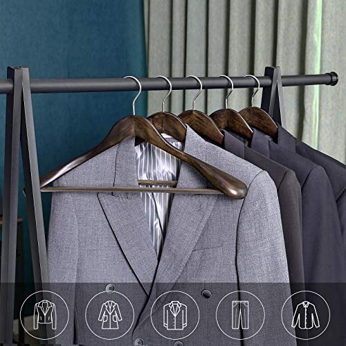 SONGMICS Perchas para Trajes, Juego de 6, Perchas de Madera Maciza con Hombros Extra Anchos, Antideslizantes para Trajes, Abrigos, Pantalones, Gancho Giratorio 360°, Nogal Oscuro CRSH06V