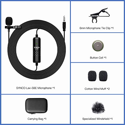 SYNCO Lav-S6E Lavalier-Microfono-Solapa-Corbata-Condensador Omnidireccional 6M, Clip Microphone Compatible para DSLR Cámaras Reflex, Móviles, Computador Portátil, PC