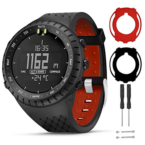 T-BLUER Watch Band Compatible for Suunto Core Correa,Accesorio de Pulsera de Correa de Repuesto de Silicona y Funda Protectora de Cubierta Completa para Suunto Core Smart Watch,Negro Rojo