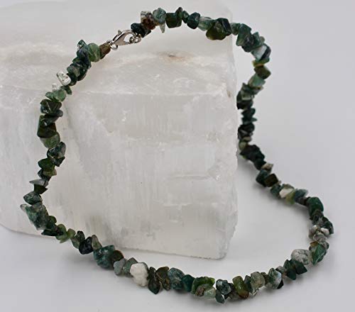 Taddart Minerals – Collar de piedra preciosa natural de ágata de musgo verde con 45 cm de longitud – hecho a mano