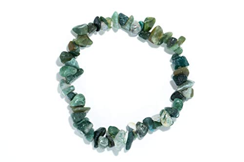 Taddart Minerals – Pulsera verde de piedra natural ágata musgo montada en hilo de nailon elástico – hecha a mano