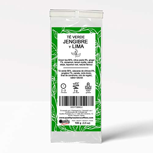 Té verde de Lima y Jengibre. Mezcla de sabor natural de té verde Sencha, sabores cítricos y especias. Ideal para tomar frío o caliente. Antioxidante. 100g