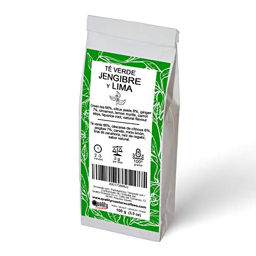 Té verde de Lima y Jengibre. Mezcla de sabor natural de té verde Sencha, sabores cítricos y especias. Ideal para tomar frío o caliente. Antioxidante. 100g