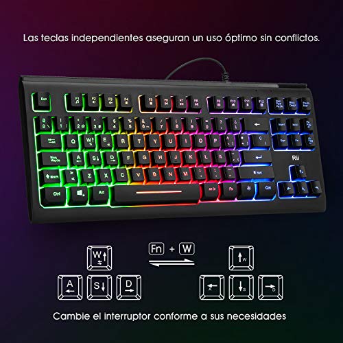 Teclado USB Rii RK104, 88 teclas, teclado ergonómico y retro iluminado multicolor, antighostling. Ideal para Gsming y trabajo. Color negro. Layout Español.