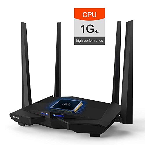 Tenda ac10 router wifi inalámbrico gigabit ac1200 (doble banda 5ghz 867 mbps 2,4 ghz 300 mbps, 4 antenas 5 dbi, chip broadcom 1ghz, memoria ddr3, gaming, beamforming +, control app, 802.11 ac).