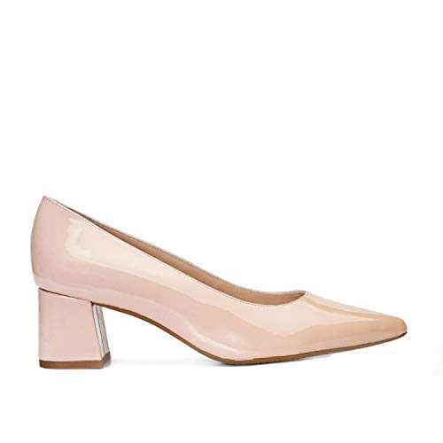 Trivia - Salones Elegantes de Vestir para Mujer en Piel con Punta Fina y Tacon Bajo Ancho 5 cm - Hechos en España - Moda Zapatos Tacones Casual - Piel Charol Nude Maquillaje - Rosa 40 EU