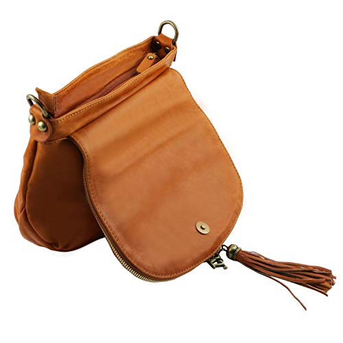 Tuscany Leather TLBag Bolso en Piel Suave con Borla y Bandolera Canela