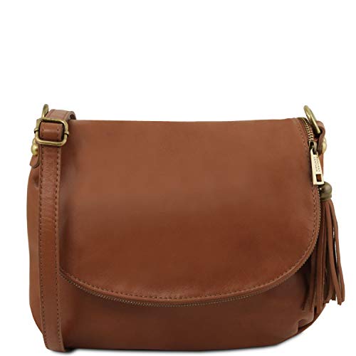 Tuscany Leather TLBag Bolso en Piel Suave con Borla y Bandolera Canela