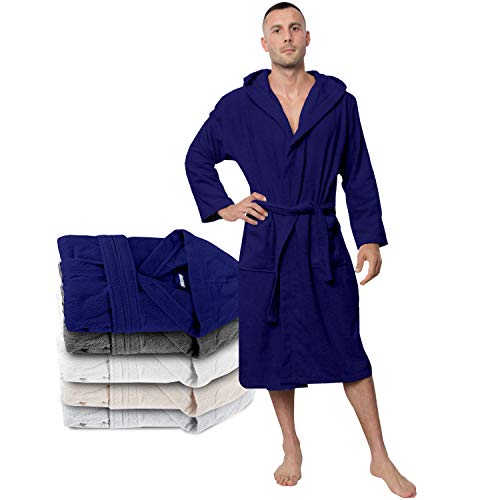 Twinzen Bata Hombre, Albornoz de baño (XL, Azul Oscuro) - Oeko Tex, No Producto Químico - Albornoz de Algodón con Capucha, 2 Bolsillos, Cinturón para Hombre - Bata Baño Suave, Absorbente y Cómoda