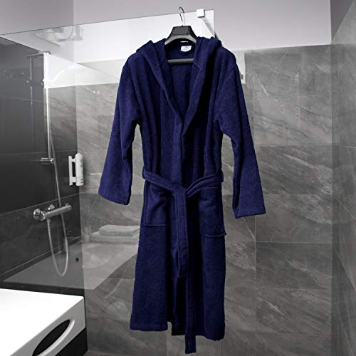 Twinzen Bata Hombre, Albornoz de baño (XL, Azul Oscuro) - Oeko Tex, No Producto Químico - Albornoz de Algodón con Capucha, 2 Bolsillos, Cinturón para Hombre - Bata Baño Suave, Absorbente y Cómoda