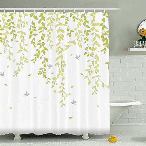 ufengke Cortinas de Ducha Vid Verde con 12 Ganchos,Blanco Cortina de Ducha de Tejido Prueba de Moho Impermeable al Baño (180X180cm)