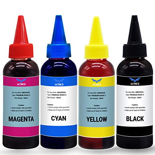 ULTRICS Recarga Tinta, 4x100 ml Kit de Recarga Cartuchos de Tinta Impresora Negra para Brother, Canon, DELL, Epson, HP, Impresoras Lexmark, Cartuchos de Tinta Recargables y Sistemas CISS- Multicolor