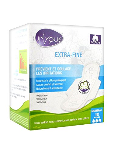 Unyque Compresas Algodón Puro 100% - Previene Irritaciones Hipoalergénicas Super Absorbentes Extrafinas y con Alas - Flujo Moderado – Apta Pieles Sensibles - 10 Unidades