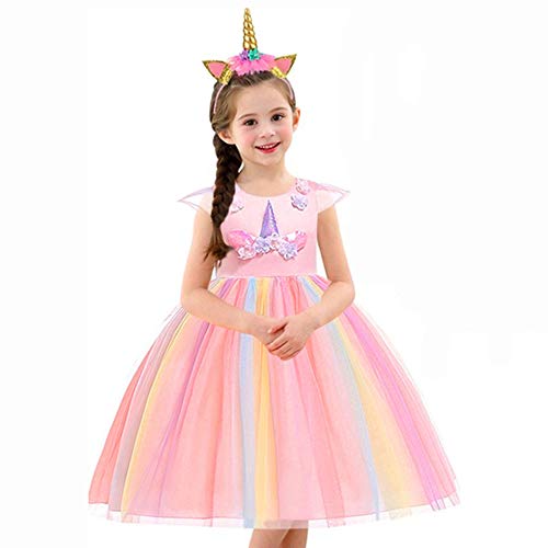 URAQT Disfraz de Princesa, Traje del Vestido Traje de Princesa de la Nieve Vestido Infantil Disfraz de Princesa de Niñas para Frozen Themed Fiesta Cumpleaños Navidad Halloween Arcoiris 100 cm