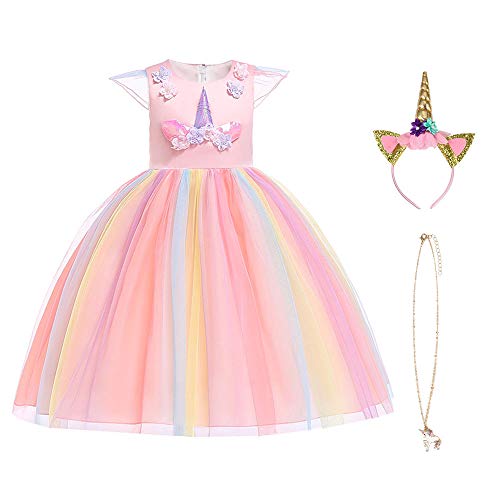 URAQT Disfraz de Princesa, Traje del Vestido Traje de Princesa de la Nieve Vestido Infantil Disfraz de Princesa de Niñas para Frozen Themed Fiesta Cumpleaños Navidad Halloween Arcoiris 100 cm