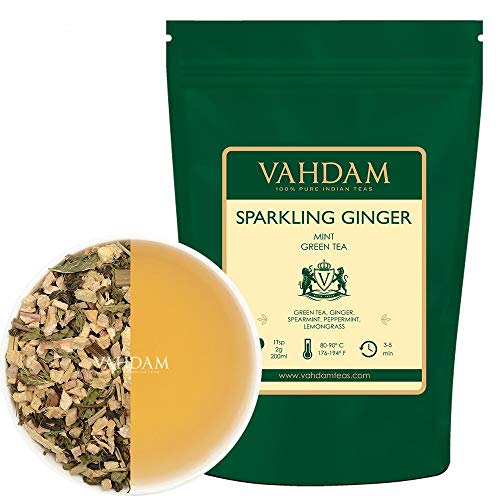 VAHDAM, hojas sueltas de té verde menta espumante de jengibre (100 tazas) | ANTIOXIDANTES RICOS | Mezcla de té de jengibre y té de menta | Preparar como té caliente o té helado | 100gr (juego de 2)