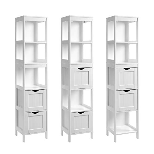 VASAGLE Mueble Columna de baño, Torre de Lino, Gabinete Alto de Baño, Armario de Piso, con 2 Cajones y 3 Estantes Abiertos, 30 x 30 x 141,5 cm, para Cuarto de Baño, Sala, Cocina, Blanco BBC66WT