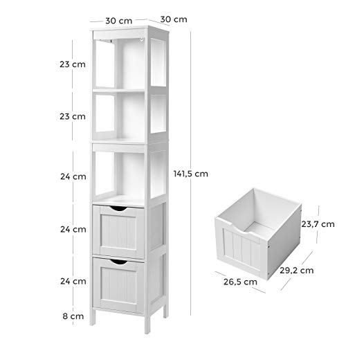 VASAGLE Mueble Columna de baño, Torre de Lino, Gabinete Alto de Baño, Armario de Piso, con 2 Cajones y 3 Estantes Abiertos, 30 x 30 x 141,5 cm, para Cuarto de Baño, Sala, Cocina, Blanco BBC66WT