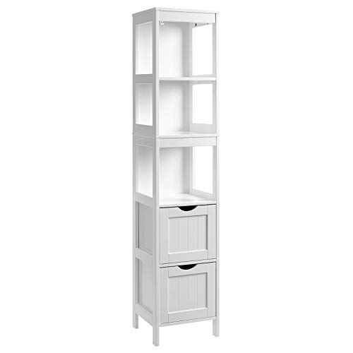 VASAGLE Mueble Columna de baño, Torre de Lino, Gabinete Alto de Baño, Armario de Piso, con 2 Cajones y 3 Estantes Abiertos, 30 x 30 x 141,5 cm, para Cuarto de Baño, Sala, Cocina, Blanco BBC66WT