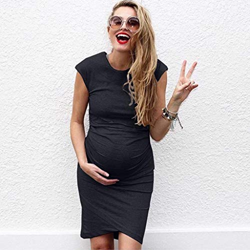 Vestidos para Mujer sin Mangas Moda Costura Dobladillo Ropa premamá Mamá Moda Color Sólido Cuello Redondo Falda de Verano Vestido de Maternidad MMUJERY