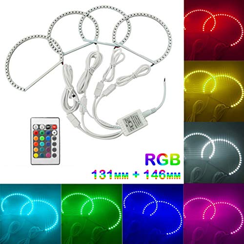 VIGORFLYRUN PARTS LTD 4pcs RGB LED Auto Faros Delanteros Angel Eyes Bulbos Halo Anillo Lámpara DRL para E36 E38 E39 E46, 2X 146mm + 2X 131mm 5050 Flash LED