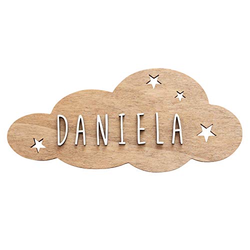 VINTIUN Nombre para Puerta Habitación Infantil. Placa Decorativa Personalizada para Bebé, Niño o Niña. Regalo Original para niños o Bebes. (Madera, Adhesivo Nube)