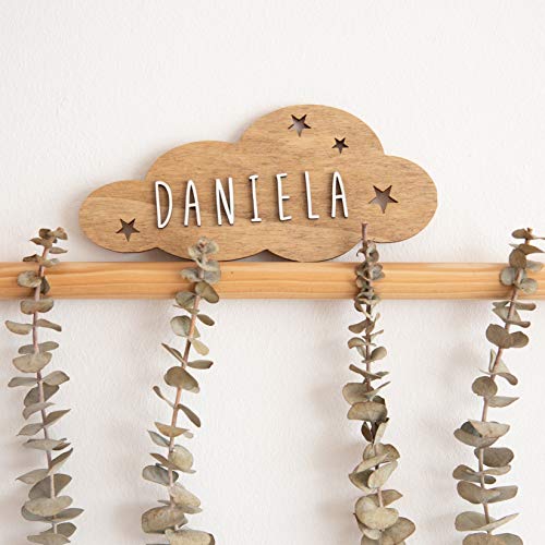 VINTIUN Nombre para Puerta Habitación Infantil. Placa Decorativa Personalizada para Bebé, Niño o Niña. Regalo Original para niños o Bebes. (Madera, Adhesivo Nube)