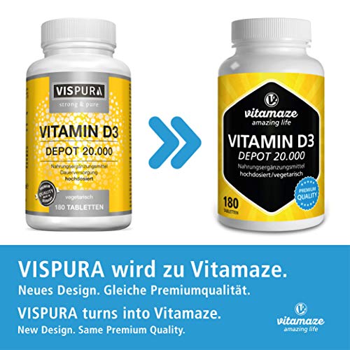 VISPURA® Vitamina D Depot 20000 UI Dosis Fuerte (Dosis de 20 días), 180 Comprimidos Vegetariano, Vitamin D3 Suplementos sin Aditivos Innecesarios, Calidad Alemana