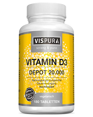 VISPURA® Vitamina D Depot 20000 UI Dosis Fuerte (Dosis de 20 días), 180 Comprimidos Vegetariano, Vitamin D3 Suplementos sin Aditivos Innecesarios, Calidad Alemana