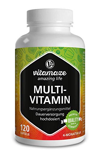 Vitamaze® Multivitaminas de Dosis Alta Cápsulas, 23 Valiosas Vitaminas Completas de la A-Z y Minerales y Oligoelementos, 120 Cápsulas Vegetarianas para 4 Meses, Suplemento sin Aditivos Innecesarios