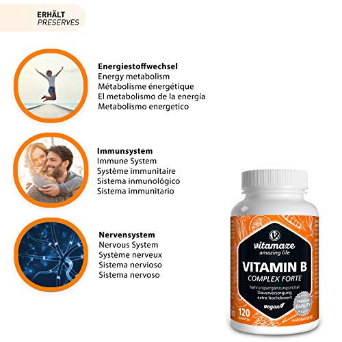 Vitamina B Complex, altamente concentrada, 120 comprimidos veganos, todas las vitaminas B sin estearato de magnesio, con calidad alemana premium