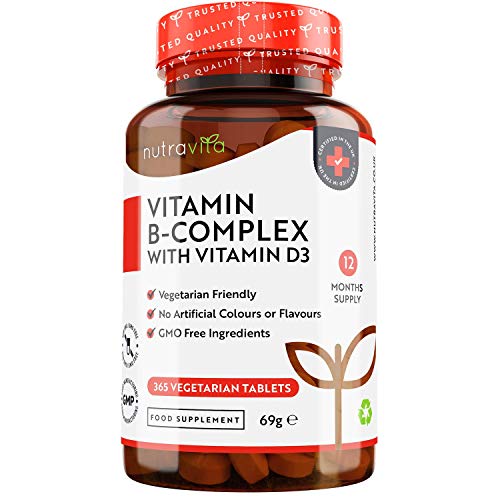 Vitamina B Complex con Vitamina D - 365 Tabletas Vegetarianos (Suministro para 365 Días) - Dosis Altas de 8 Formas de Vitaminas B y Vitamina D3 - Elaborado en el Reino Unido por Nutravita