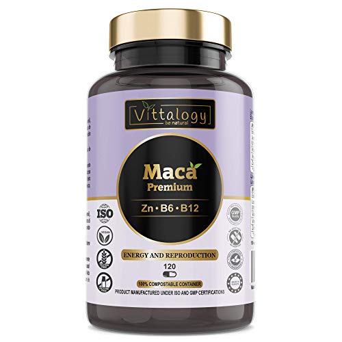 Vittalogy Maca Premium. Maca Andina Pura 4000 mg Con Vitaminas B6 Y B12 Y Zinc. Raíz De Maca Peruana Potenciadora Del Deseo Sexual, La Libido Y La Fertilidad. Vigorizante. 120 Cápsulas.