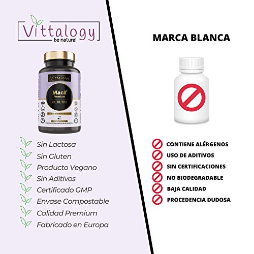 Vittalogy Maca Premium. Maca Andina Pura 4000 mg Con Vitaminas B6 Y B12 Y Zinc. Raíz De Maca Peruana Potenciadora Del Deseo Sexual, La Libido Y La Fertilidad. Vigorizante. 120 Cápsulas.