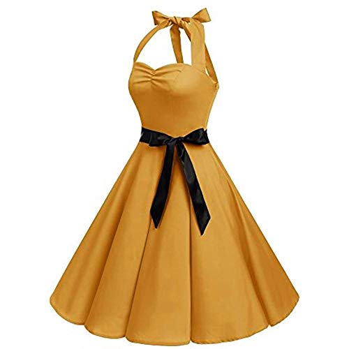 VJGOAL Mujer Primavera y Verano Moda Casual Sin Mangas Lunares Encaje Vintage Hepburn Columpio Cintura Alta Péndulo Grande Vestido Plisado Falda(XX-Large,Amarillo)