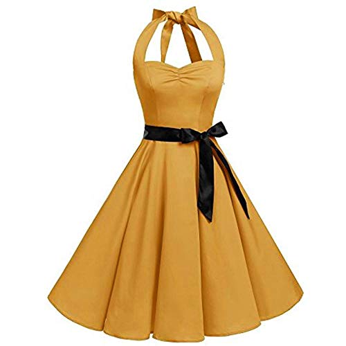 VJGOAL Mujer Primavera y Verano Moda Casual Sin Mangas Lunares Encaje Vintage Hepburn Columpio Cintura Alta Péndulo Grande Vestido Plisado Falda(XX-Large,Amarillo)