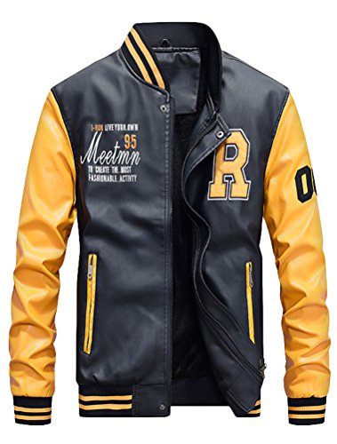 Vogstyle Hombres Cuero de Invierno la de Chaqueta de la PU de Béisbol con Chaquetas Amarillo XXL