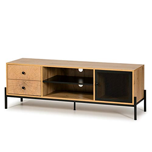 VS Venta-stock Mueble TV Ali 1 Puerta y 2 Cajones, Color Madera y Negro, Melamina y Metal, 144 cm (Largo) 40 cm (Profundo) 50 cm (Alto)