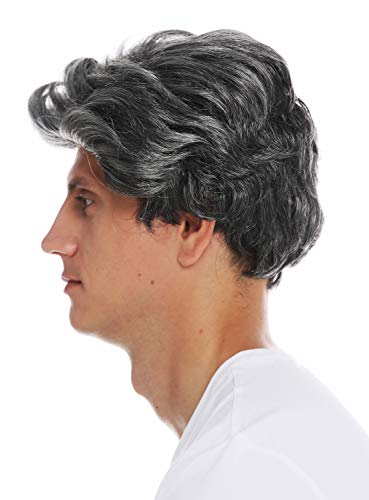 WIG ME UP- 3270-K21B-KB80 Peluca Halloween Carnaval Hombres Pelo Ondulado Corto Raya Gris mechones