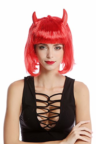 WIG ME UP- 91421-ZA13 Peluca Mujer Carnval Halloween diablesa Diablo Bob Corto Rojo Longbob Cuernos Rojos