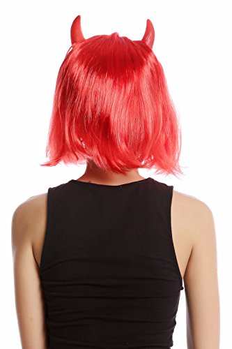 WIG ME UP- 91421-ZA13 Peluca Mujer Carnval Halloween diablesa Diablo Bob Corto Rojo Longbob Cuernos Rojos