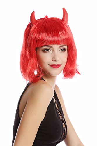 WIG ME UP- 91421-ZA13 Peluca Mujer Carnval Halloween diablesa Diablo Bob Corto Rojo Longbob Cuernos Rojos